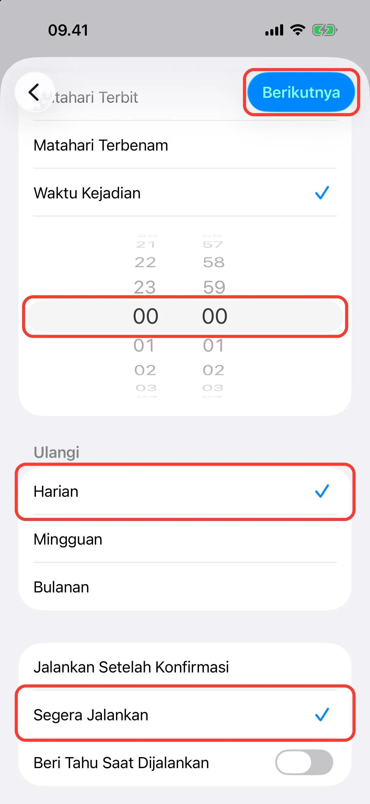 Atur ke tengah malam setiap hari